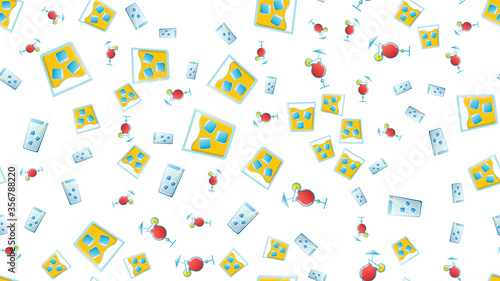 Endless seamless pattern of beautiful glass glasses with tasty alcoholic cocktails with ice and straws with lemons and beer for a party on a white background. Vector illustration