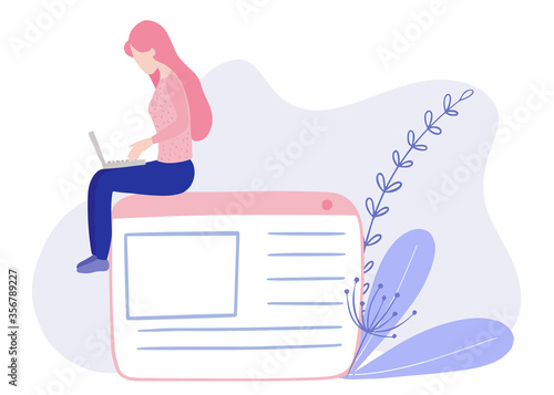 Blogger girl, freelancer woman. Video channel website, new content technology. Blogging miniature vector illustration.