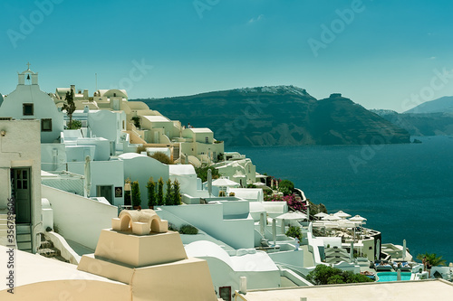 OIA,SANTORINI ISLAND,GREECE-SEPTEMBER 02,2014:view of Oia with sea background ,Santorini island,Greece