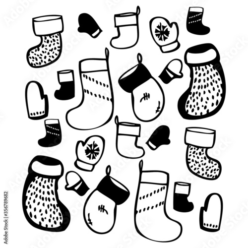The set of isolated socks and mittens for Christmas, New Year, hand drawn in simple graphical style on white background. Elegant design for decorations for party, card, wrapping paper and prints.