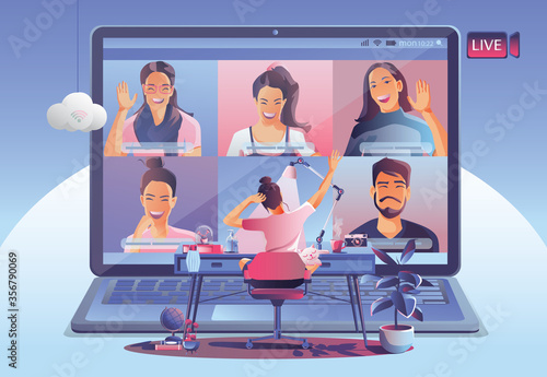 Video conference landing. People on computer screen taking with colleagues. Videoconferencing and online meeting workspace vector page man and woman. self-quarantine to prevent from COVID -19 vector 