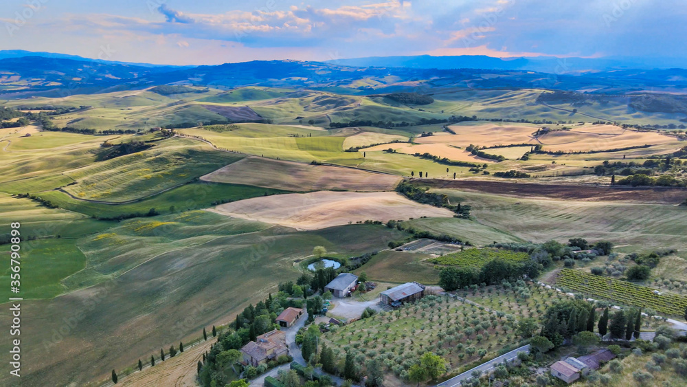 Pienza, Tuscany. Aerial view at sunset of famous medieval town