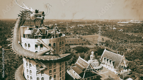 Amazing aerial view of Wat Samphran on a sunny morning, Thailand photo