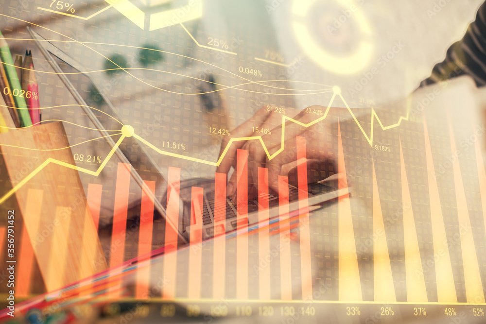Double exposure of woman hands typing on computer and forex chart hologram drawing. Stock market invest concept. Double exposure of woman hands typing on computer and forex chart hologram drawing. Stock market invest concept.