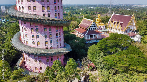 BANGKOK, THAILAND - DECEMBER 15, 2019: Amazing aerial view of Wat Samphran on a sunny morning photo