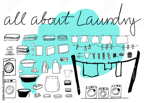 All about laundry. The set of sketches of stuff for laundry. Black and white hand drawn graphical drawing of basin, soaps, brushes, powder and bleach, clothes, laundry machines, etc. Simple design.