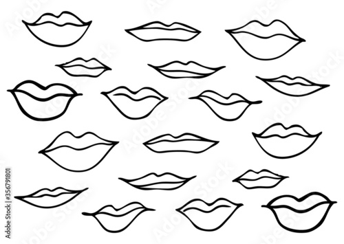 Set of lips. Simple hand drawn graphic isolated lips in black line on a white background. vector design. Sketch of lips of various shapes: thin, thick, smiling, chubby, sensual, arrogant. Silhouette