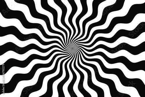 Black and white hypnotic spiral wave rays background. Psychedelic sunburst retro design. photo