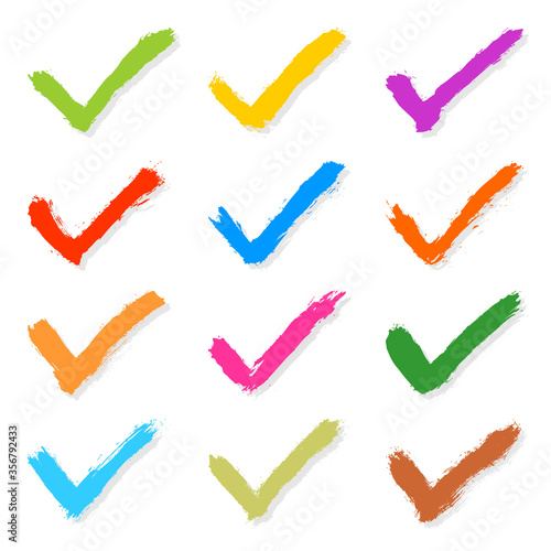 Set of check mark hand drawn signs. Collection of checkmark symbols. Kit of accept icons. Verify, tick, agree, agreement, approval, approve shape. Brush stroke left paint imprint. Vector illustration