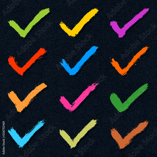 Set of check mark hand drawn signs. Collection of checkmark symbols. Kit of accept icons. Verify, tick, agree, agreement, approval, approve shape. Brush stroke left paint imprint. Vector illustration