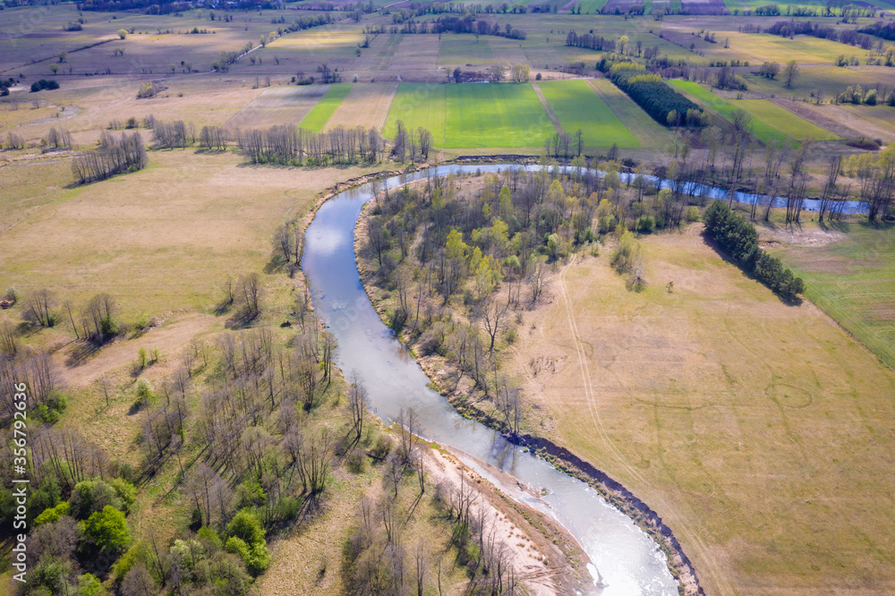 River Liwiec drone view in Wegrow County of Mazowsze region in Poland
