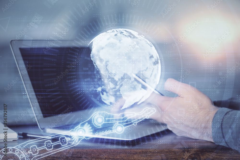 Fototapeta premium Multi exposure of man's hands holding and using a digital device and map drawing. International business concept.