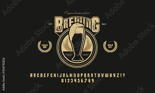 Old brewery alphabet font. Design vintage beer emblem. Vintage vector typeface for labels, headlines, posters etc.