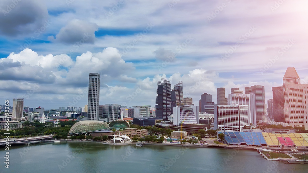 SINGAPORE - JANUARY 2, 2020: Aerial view of Marina bay area with skyscrapers SINGAPORE - JANUARY 2, 2020: Aerial view of Marina bay area with skyscrapers
