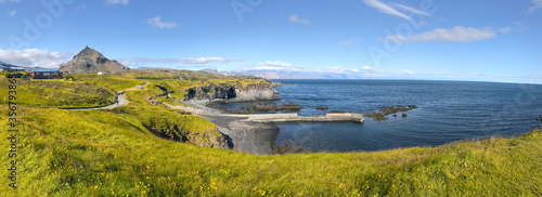 Panoramic view of Arnarstapi coastline, Iceland. Snaefellsnes rocks in summer season