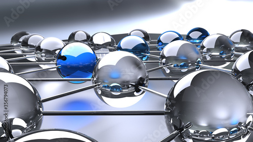 Fotografie 3D-Illustration - Glass spheres in a structure reflecting light and themselves