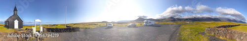 Budakirkja, black church of Budir, Snaefellsnes peninsula. Panoramic view in summer season photo