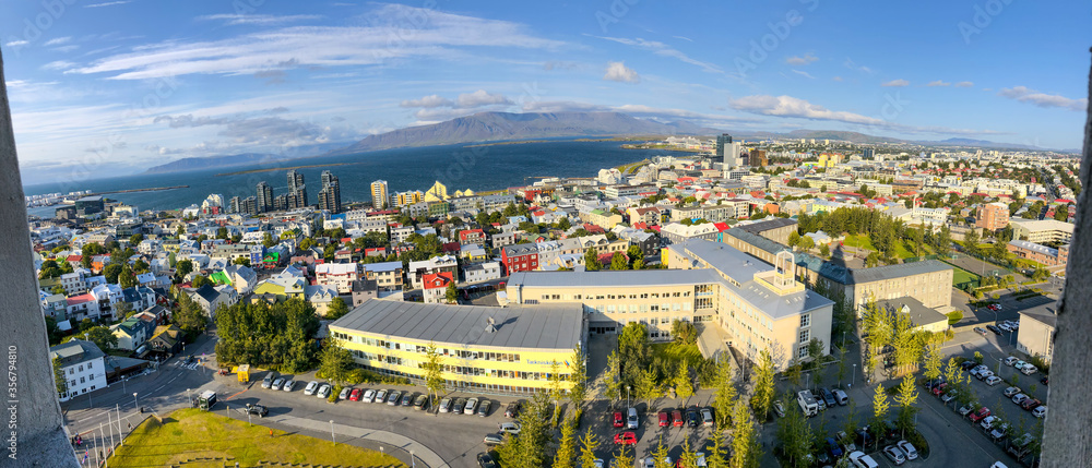 REYKJAVIK, ICELAND - AUGUST 10, 2019: Amazing panoramic aerial view of the city in summer season