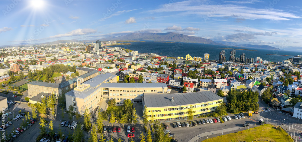 Naklejka premium Reykjavik, Iceland. Amazing panoramic aerial view of the city in summer season