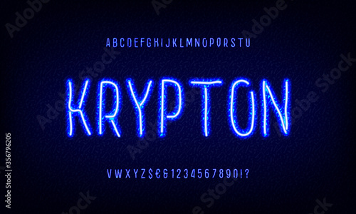 Blue illuminated vector font and alphabet. Bright capital letters  numbers and symbols with outer glowing effect. Nightlife typography. Vector illustration