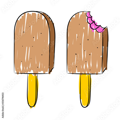 Chocolate Popsicle icon. Ice cream with chocolate icing on a stick. Vector sketch Doodle