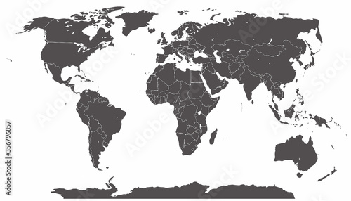 detailed silhouette of the World map with Countries and main islands, lakes
