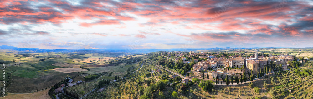 Pienza, Tuscany. Aerial view at sunset of famous medieval town