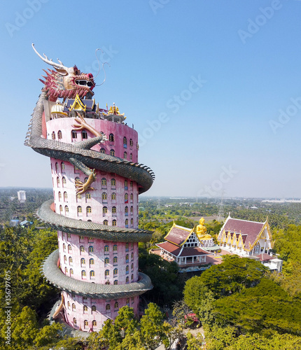 BANGKOK  THAILAND - DECEMBER 15  2019  Vertical panoramic aerail view of amazing Wat Samphran  the dragon temple