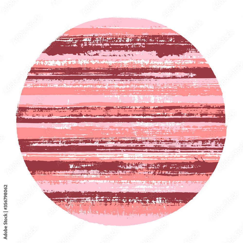 Rough circle vector geometric shape with striped texture of ink horizontal lines. Old paint texture disc. Badge round shape logotype circle with grunge background of stripes.