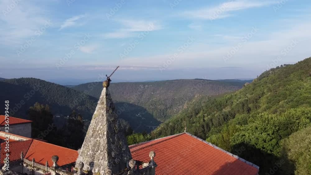 Aerial views of the San Estevo monastery in the Ribeira Sacra