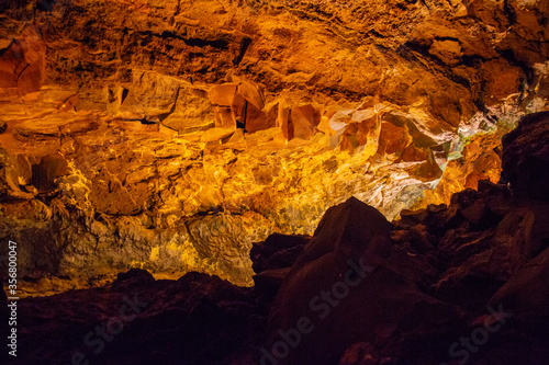  Cueva de los Verdes, Green Cave in Lanzarote. Canary Islands.  an amazing lava tube and tourist attraction on Lanzarote island, Spain. Multi-colored illumination of caves. Beautiful cave.  © Martina