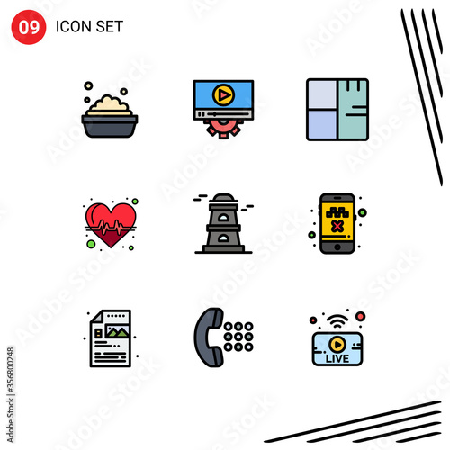 Set of 9 Modern UI Icons Symbols Signs for tower, health care, blueprint, pulse, beat photo