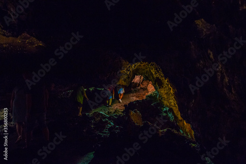  Cueva de los Verdes, Green Cave in Lanzarote. Canary Islands. an amazing lava tube and tourist attraction on Lanzarote island, Spain. Multi-colored illumination of caves. Beautiful cave. 