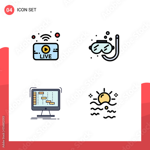 4 User Interface Filledline Flat Color Pack of modern Signs and Symbols of utube, application, news, snorkeling, digital photo