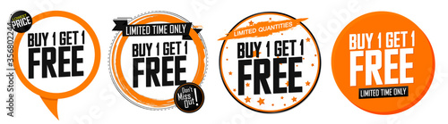 Set Buy 1 Get 1 Free tags, sale banners design template, discount badge collection, app icons, vector illustration