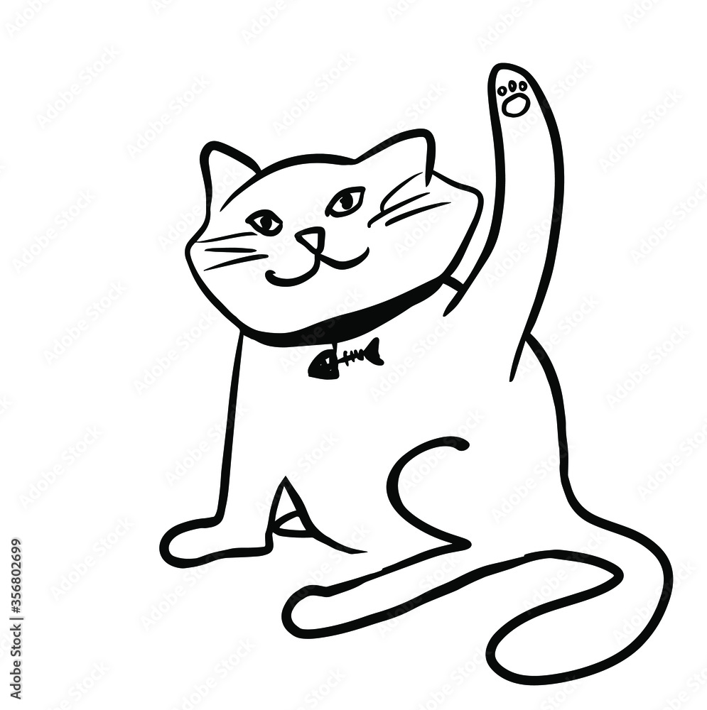 Cat waving hello paw. Stylish cat, doodle illustration. Vector illustration on white background. For cards, posters, decor 10 eps.