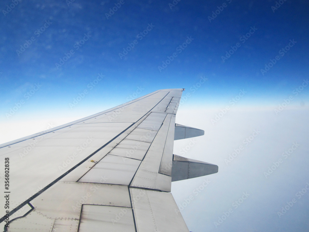 Fototapeta premium Window View of Airplane Wing in Flight with Blue and White Horizon