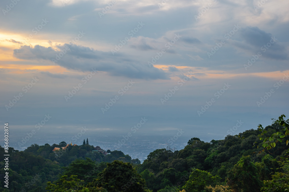 Beautiful panoramic aerial view of the city with clouds and sky composite. Chiang Mai, Thailand..
