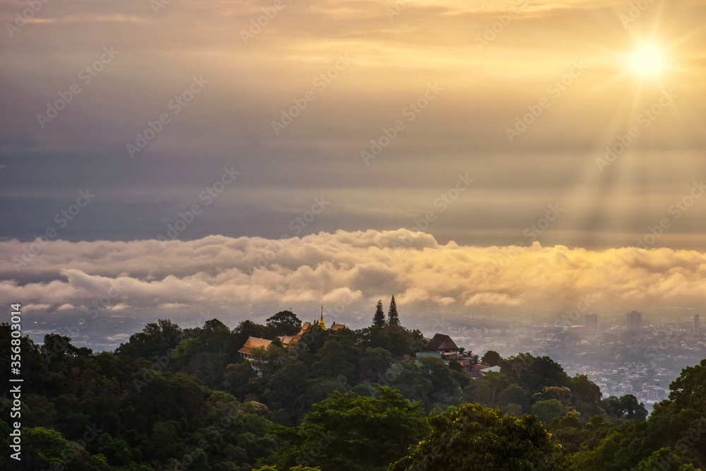 Beautiful panoramic aerial view of the city with clouds and sky composite. Chiang Mai, Thailand.