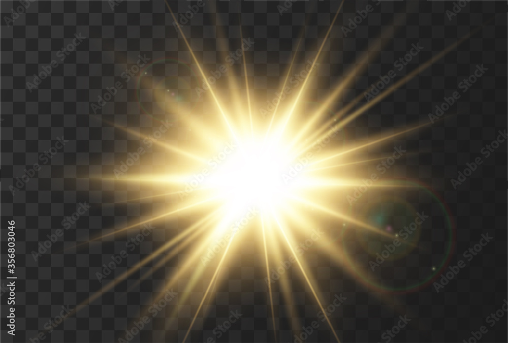 Sun rays effect, very realistic glow of sunlight with glare and rays of the sun. Yellow abstract glitter light. The effect of a flash or bright glow of gold color. Vector illustration Sun rays effect, very realistic glow of sunlight with glare and rays of the sun. Yellow abstract glitter light. The effect of a flash or bright glow of gold color. Vector illustration