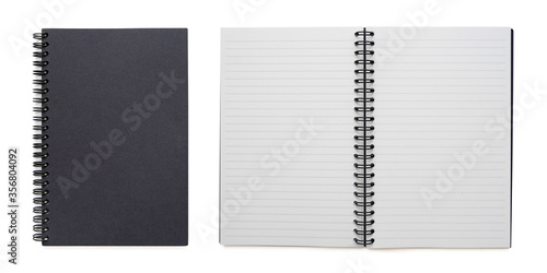 Top view of Collection black closed and open spiral blank craft paper cover notebook isolated on white background for design a mockup. Education and business concept. flat lay