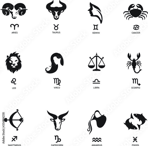 Zodiac sign icons representing the twelve signs of the zodiac for horoscopes photo