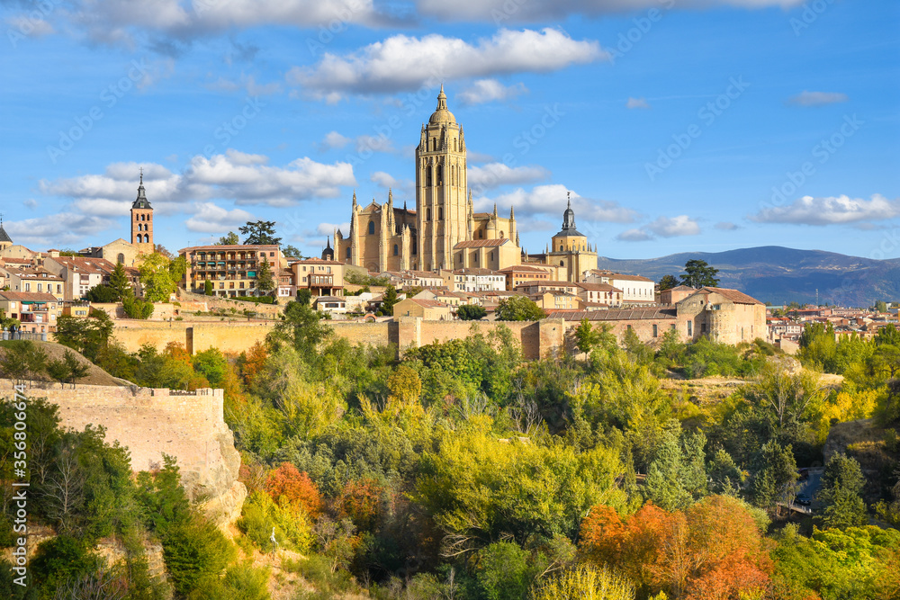 Beautiful autumn view of Segovia with Cathedral in the background from Alcazar of Segovia - Spain