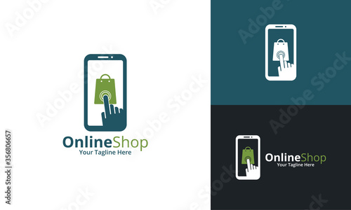 Online Shop Logo designs Template. Illustration vector graphic of smartphone and shop bag combination logo design concept. Perfect for Ecommerce,sale, discount or store web element. Company emblem.
