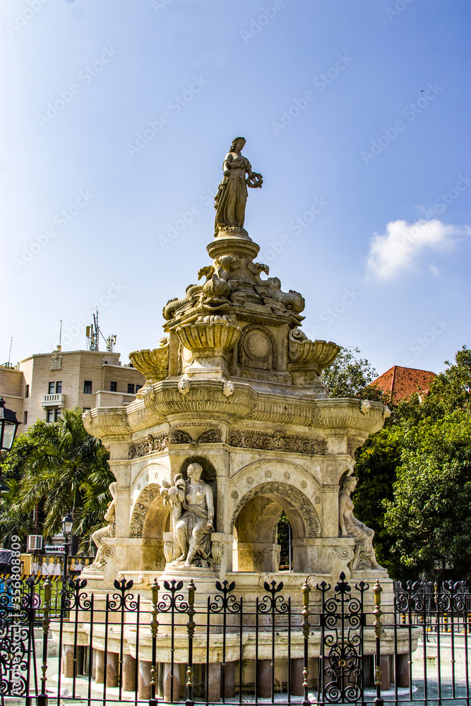The closeup image of Flora Fountain It was built in 1864 at the Hutatma Chowk (Martyr's Square), is an ornamentally sculpted architectural heritage monument located in South Mumbai india. 