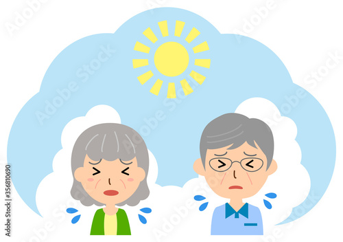 炎天下の暑さに苦しむ高齢の夫婦