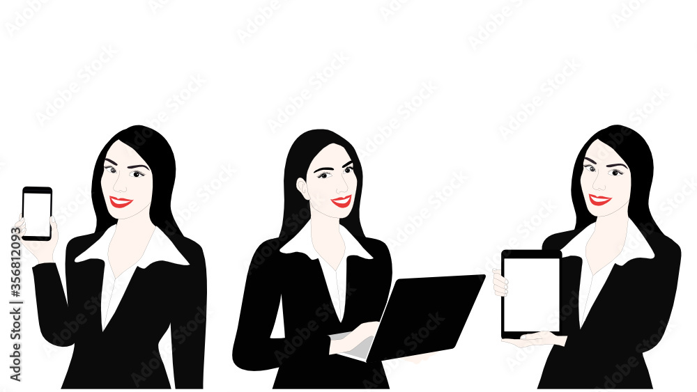 Business women holding laptop, mobile and tablet. Communication technology concept background Business women holding laptop, mobile and tablet. Communication technology concept background