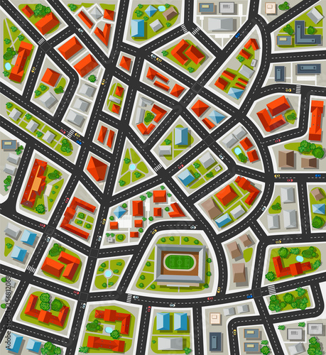 Plan for the big city with streets, roofs, cars