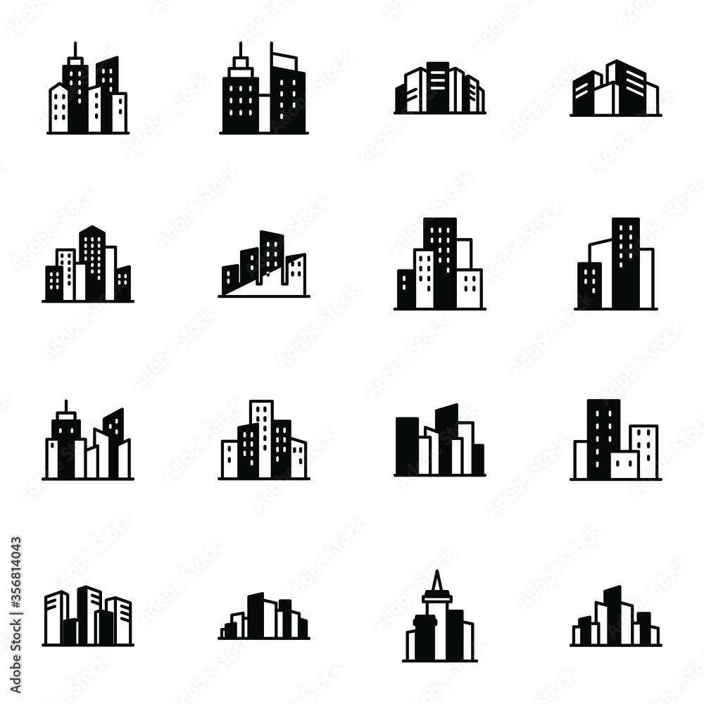 City, town, building icon set. Simple downtown, skyscraper, metropolis solid line icon sign concept. vector illustration. 