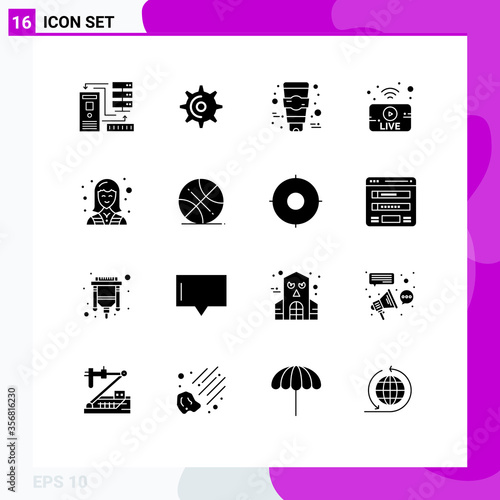 Universal Icon Symbols Group of 16 Modern Solid Glyphs of electrician, news, teeth, live, utube photo
